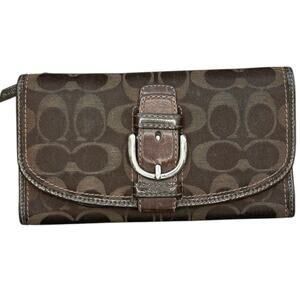 Coach brown monogram wallet pink interior Y2K vintage trifold signature canvas